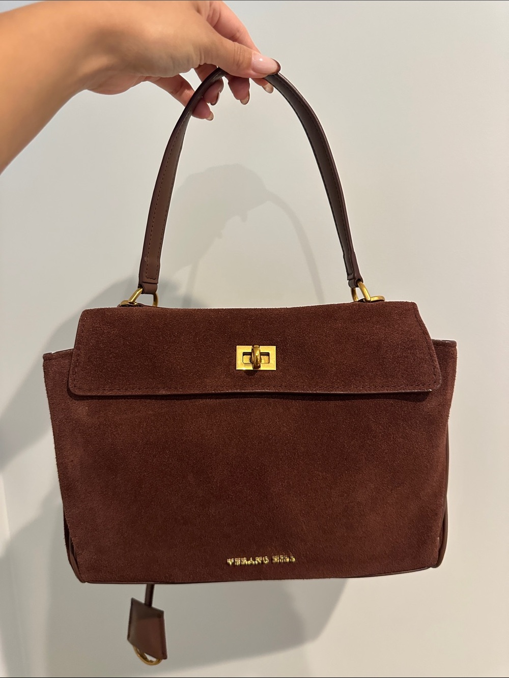 Suede Top-Handle Shoulder Bag in Dark Brown